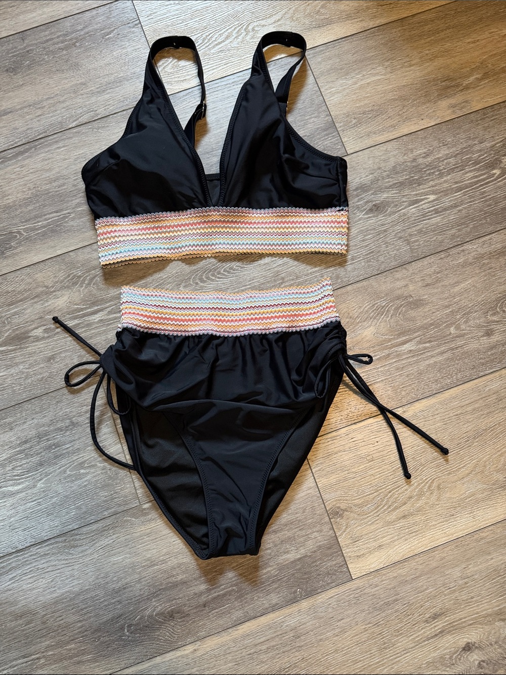 Black Two-Piece Swim Set with Multicolor Smocked Waistband